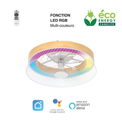 Brasseur d'air DC 60cm avec télécommande - 7 pales - LED RGB-Blanc et imit. bois