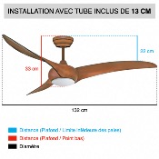 Brasseur d'air DC couleur bois 132 cm avec Télécommande - LED - 3 pales