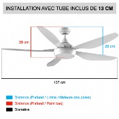 Brasseur d'air DC blanc 137 cm avec Télécommande - LED - 5 pales