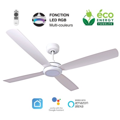 Brasseur d'air DC 132cm avec télécommande - 4 pales - LED RGB - Blanc
