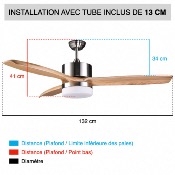 Brasseur d'air DC gris et bois 132 cm avec Télécommande - LED - 3 pales