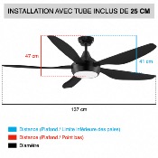 Brasseur d'air DC noir 137 cm avec Télécommande - LED - 5 pales