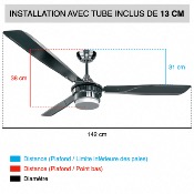 Brasseur d'air DC gris 142 cm avec Télécommande - LED - 3 pales