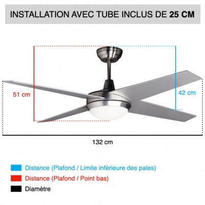 Ventilateur De Plafond Avec Lumière LED 132 Cm - 3 Couleurs, Moteur CC, Télécommande, 6 Vitesses, Ultra Silencieux